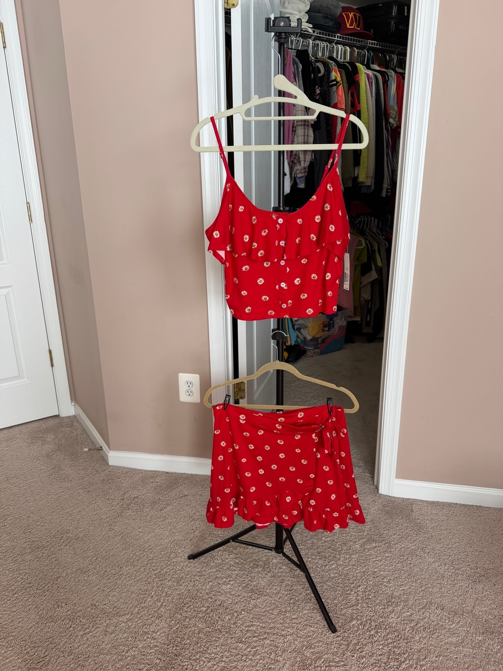 Red Floral Ruffle Mini Skirt with Matching Crop Top